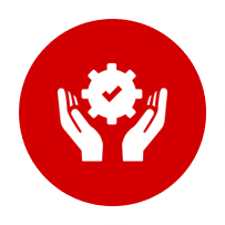 A red and white icon with hands holding gears